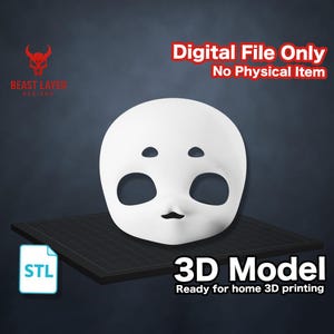Könnte beinhalten: Ein weißes 3D-Modell eines Puppengesichts mit großen Augenhöhlen und einem kleinen Mund. Das Bild enthält den Text "Digital File Only, No Physical Item" und "3D Model, Ready for home 3D printing". Das Logo von Beast Layer Designs befindet sich in der oberen linken Ecke.