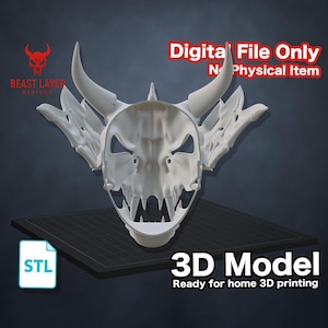 May include: A white 3D model of a horned skull mask, with sharp teeth and wing-like structures. The image includes the text "Digital File Only, No Physical Item" and "3D Model, Ready for home 3D printing."