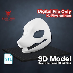 May include: A white 3D model of an animal mask, designed for 3D printing at home. The image includes the text "Digital File Only, No Physical Item" and "3D Model". An STL file icon is also visible.