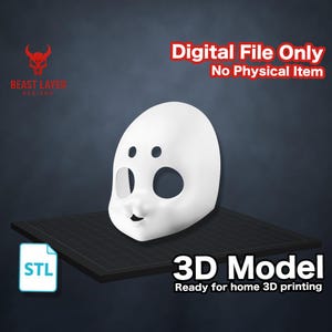 May include: A white 3D model of a doll face with large eye and mouth openings. The image includes the text "Digital File Only, No Physical Item" and "3D Model, Ready for home 3D printing."