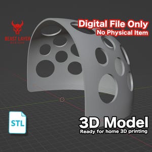 May include: A gray 3D model of a helmet-like structure with various circular cutouts. The image includes the text "Digital File Only, No Physical Item" and "3D Model, Ready for home 3D printing."