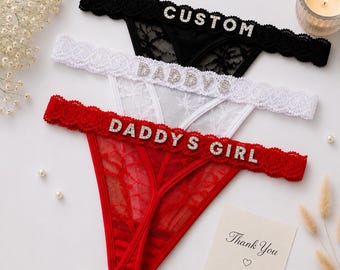 Custom Name Lace Thong, Personalized Crystal Letter Thong, Jewelry Thong, Name Lingerie, Custom Underwear, Gift for Her