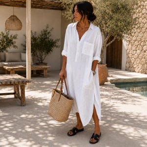Lniana sukienka maxi dla kobiet | Luźna sukienka typu kaftan o luźnym kroju | Swobodna letnia sukienka plażowa | Styl boho z bawełny i lnu | Kieszenie | Strój na wakacje