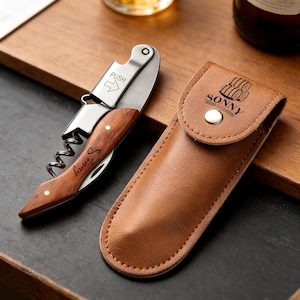 Personalized Wood Corkscrew with PU Leather Cover,Custom Engraved Wine Bottle Opener,Wine Corkscrew, Gift for Groomsman,Wood Wedding Favor