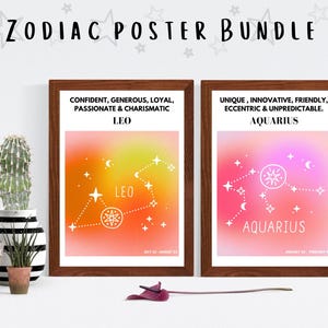 Zodiac Poster Bundle | 12 Astrology Printable Wall Art Prints | Boho Celestial Star Sign Décor | Digital Zodiac Signs | Instant Download