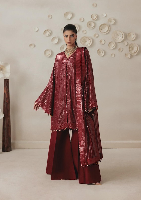 maroon chiffon dress pakistani Wedding Sharara, Embroidered Salwar Kameez Found the perfect wedding Size:55.1 Inch (10 Drawers) hair-care-styling Dress designs