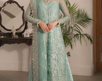 Embroidered Chiffon Saree Suit, Custom Stitch Pakistani Indian Wedding Wear