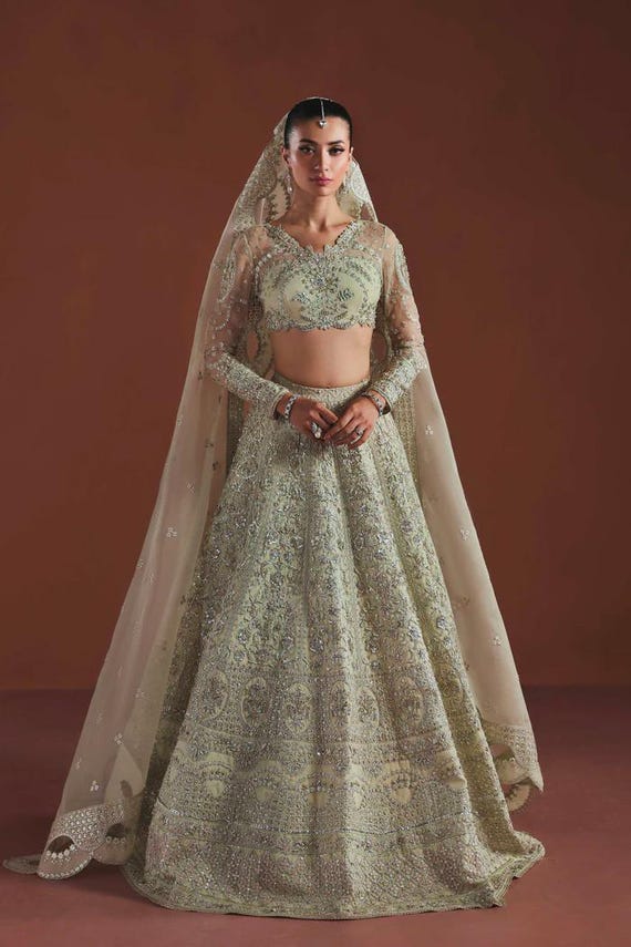 Mint Green Embroidered Silk Sharara Lehenga Suit, Boho Wedding Party Wear Dress