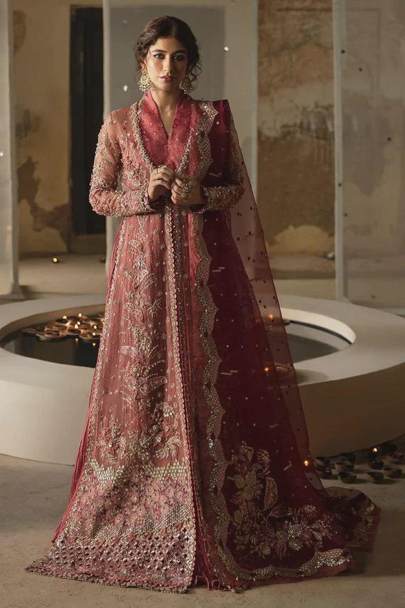 Organza Silk EMBROIDERED Pakistani Bridal Dress, Bridal Shower Dress, Gothic Ball Gown for Women, Custom Boho Wedding, Western Bachelorette Organza Silk EMBROIDERED Pakistani Bridal Dress, Bridal Shower Dress, Gothic Ball Gown for Women, Custom Boho Wedding, Western Bachelorette