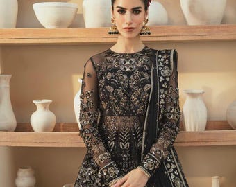 Lehenga nupcial de organza negra, vestido indio pakistaní bordado