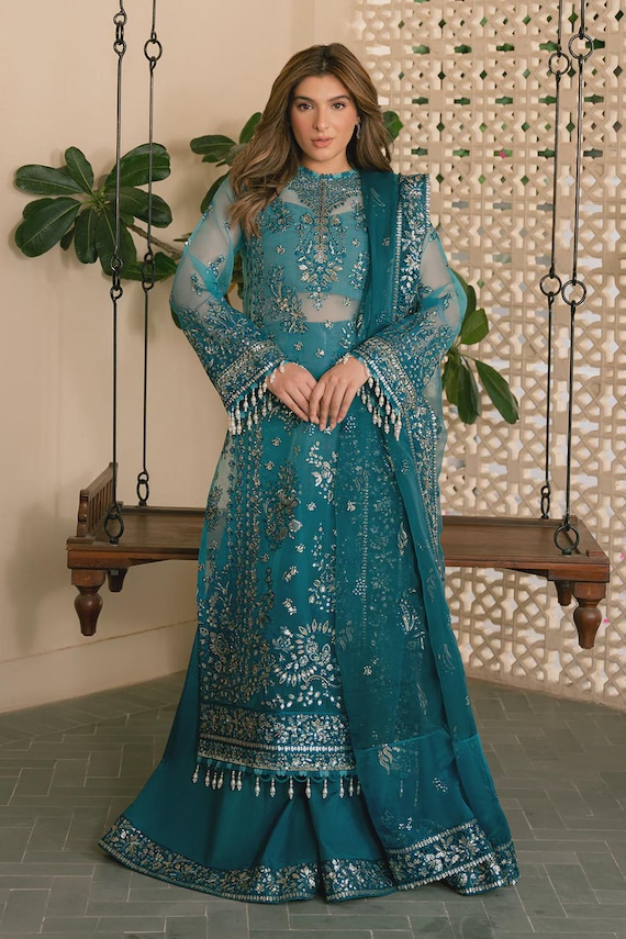 organza mehndi dress Handmade Embroidered Teal Organza Wedding Dress, Boho Mehndi Outfit