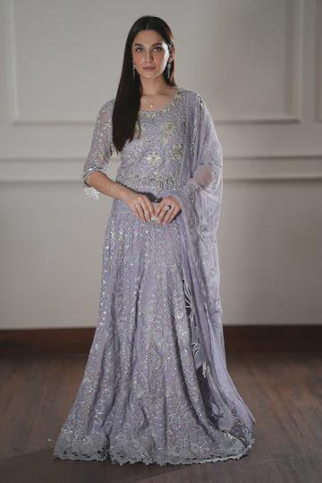 Grey Pakistani Bridal Wedding Maxi Dress, Anarkali Gown for Women