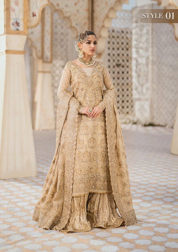 Luxury Golden Handmade Pakistani Bridal Outfit, Wedding Bridal Corset Dress,  Embroidered Organza Wedding Maxi Dress Indian Gown Outfit Ak - Etsy