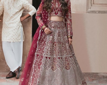 Handmade Embroidered Net Lehenga Choli, Pakistani Indian Bridal Dress