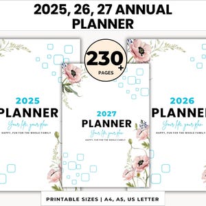 2025 2026 2027 Annual Planner Printable, 3 Year Calendar Planner, Yearly Monthly Weekly Daily Planner adhd Digital Planner PDF, A4 A5 letter