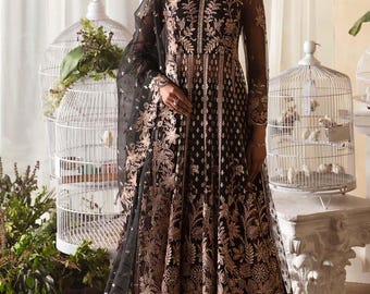 Black Net Embroidered Wedding Dress, Modest Boho Bridal Gown