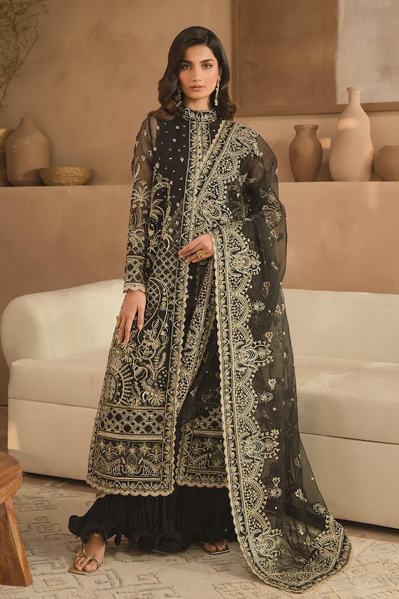 black and gold pakistani wedding dress 2023 Black Gold Satin Wedding Dress with Crystal & Ruffles