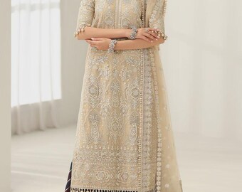 Custom Embroidered Net Wedding Dress, Organza Dupatta