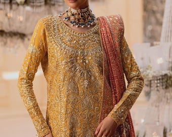 Embroidered Wedding Dress, Floral Fairy Bridal Gown, Pakistani Mehndi Nikka Mayun