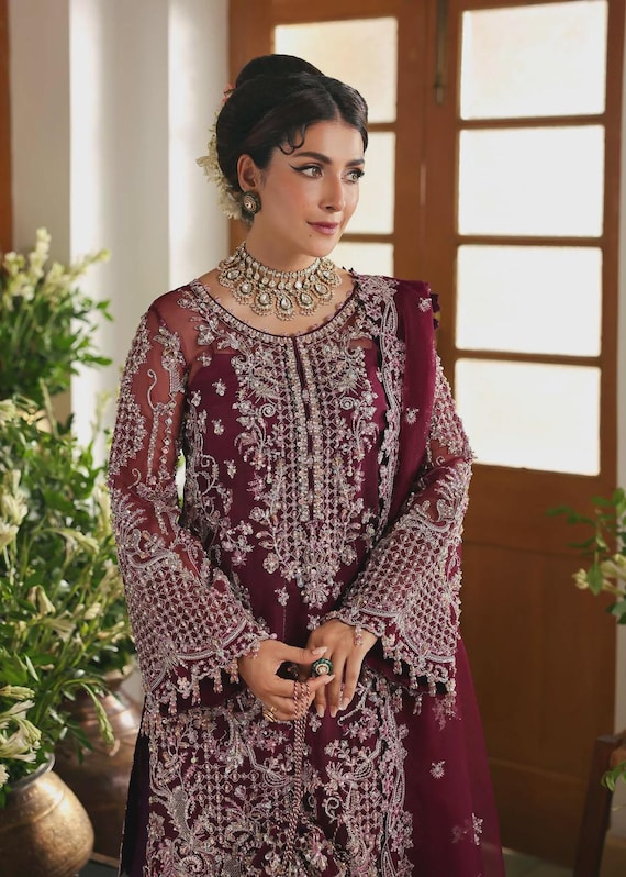 Red Hand-embroidered Organza Wedding Dress, Pakistani Nikah Gharara