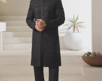 Black Embroidered Raw Silk Wedding Sherwani, Indian Groom Outfit