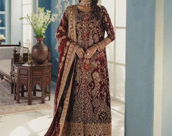 Burgundy Velvet Maxi Dress, Bishop Sleeve A-Line Gown