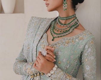 Abito da sposa in chiffon con ricami Mehndi, abito da sposa pakistano