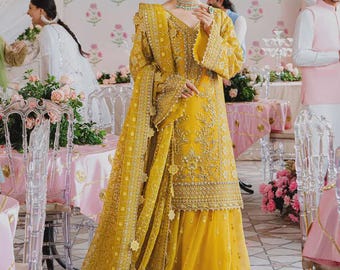 Custom Pakistani Bridal Anarkali Gown, Embroidered Mehndi Wedding Dress