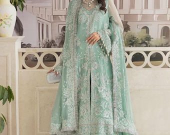 Vestido Anarkali bordado de gasa color aguamarina, atuendo para boda pakistaní-india