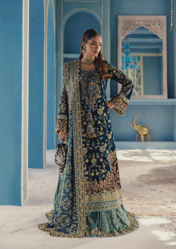 golden velvet dress pakistani New Design Embroidered Velvet Dresses for Ladies