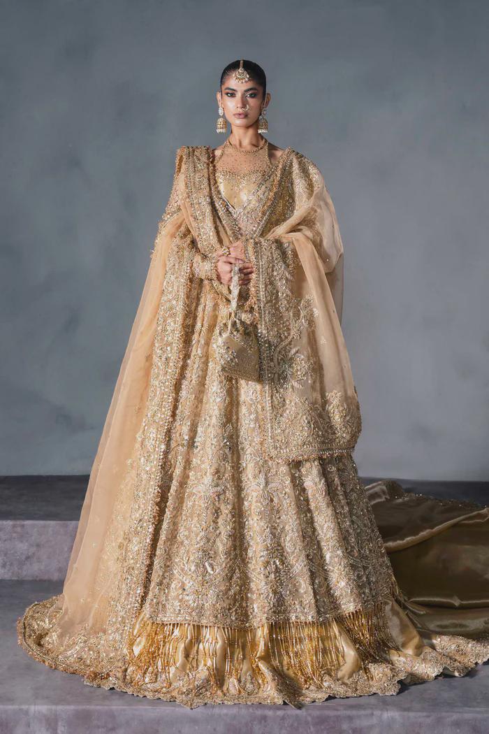 Gold Bridal Lehenga, Zardozi Embroidery, Silk Dupatta & Pouch - Etsy