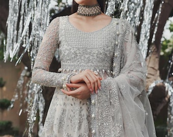 White Embroidered Net Pakistani Wedding Dress, Nikkah Outfit