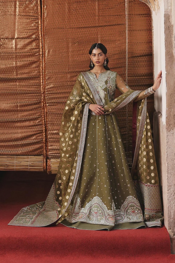 formal wedding guest dresses pakistani Olive Green Masoori Dress, Outfit or a standout festival