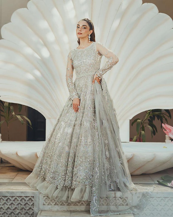 Pastal Grey Dress, Reception Outfit, Pakistani Wedding Jora, Ready to Wear, Bridal  Dress, All - Etsy UK
