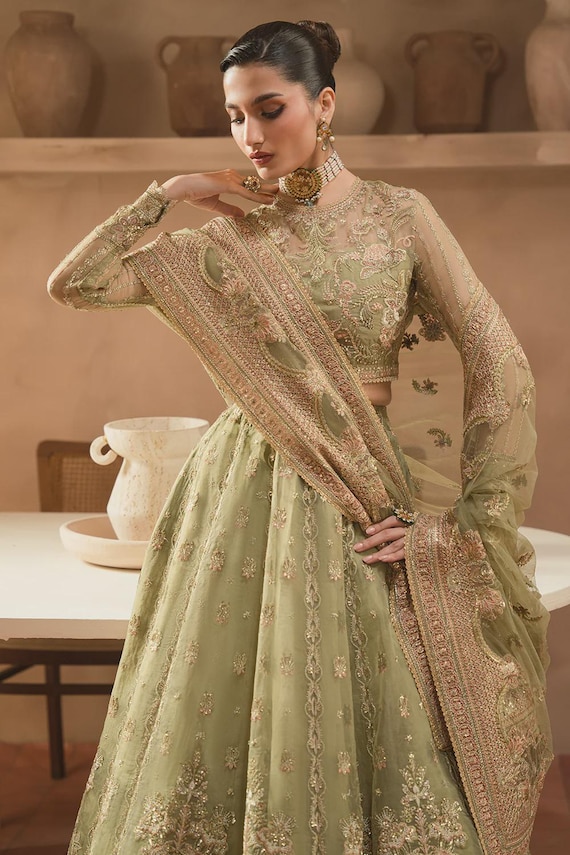 slim fit dress slacks Designer Mehndi Green Long Gown main image 0
