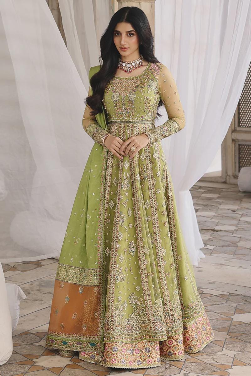 parrot green colour dresses Color Maxi and Lehnga Choli, Reception Dress, Bridal Attire, Qlm luxurious green prom gown