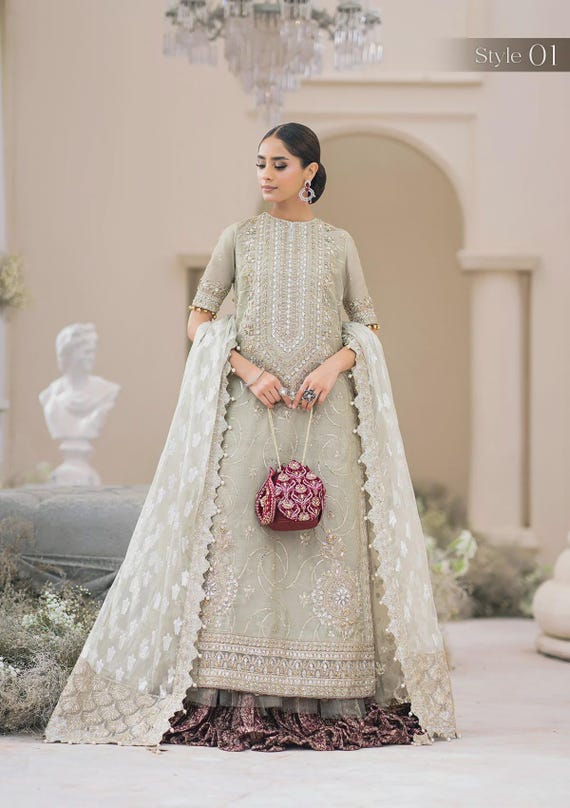 khadi formal dresses Handmade Embroidered Khaadi Net Bridal Maxi Dress, Pakistani Indian Wedding Gown khadi dress design