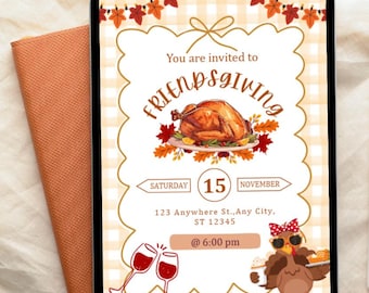 Friendsgiving Invitation Template, Retro Turkey Design (Editable Canva Template)