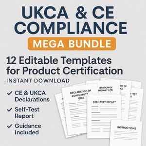Puede incluir: Imagen promocional con el texto "UKCA & CE COMPLIANCE MEGA BUNDLE" en azul marino y naranja. Anuncia 12 plantillas editables para la certificación de productos, incluyendo declaraciones CE & UKCA, informes de autoevaluación y orientación.