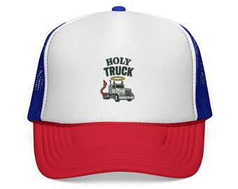 Casquette trucker à imprimé Holy Truck | illustration vintage de semi-camion, accents de flammes