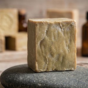 Könnte beinhalten: Ein großer, quadratischer Block olivgrüner Seife liegt auf einem grauen Stein. Im Hintergrund befinden sich weitere Seifenstücke, braune Glasflaschen und grüne Blätter, was auf ein natürliches Hautpflegethema hindeutet.