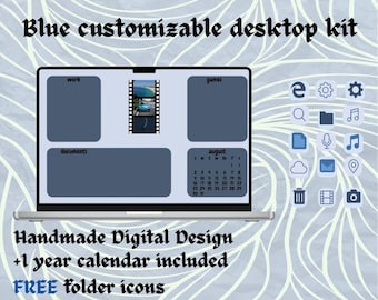 Minimalist Blue Desktop Wallpaper Organizer: Calendar & Folder Icons (Digital Download)