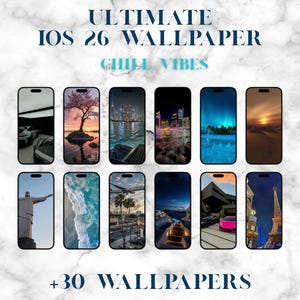 Può includere: Una collezione di sfondi per smartphone con varie immagini panoramiche, tra cui paesaggi urbani, tramonti e paesaggi naturali. Il testo sull'immagine recita "ULTIMATE IOS 26 WALLPAPER CHILL VIBES +30 WALLPAPERS."