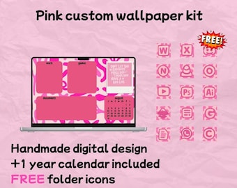 Pink Custom Wallpaper Kit - Handmade Digital Design with Free Folder Icons & Calendar