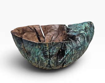 One-of-a-Kind Hand-Carved Walnut Root Bowl | Wabi-Sabi Sculptural Vessel with Turquoise Patina | Rustic Organic Centerpiece