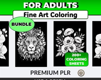 Paquete PLR: Hojas para colorear para adultos - Bellas Artes. (Más de 200 hojas), libro para colorear para adultos, derechos de marca privada y MRR. Crea tu propio paquete.