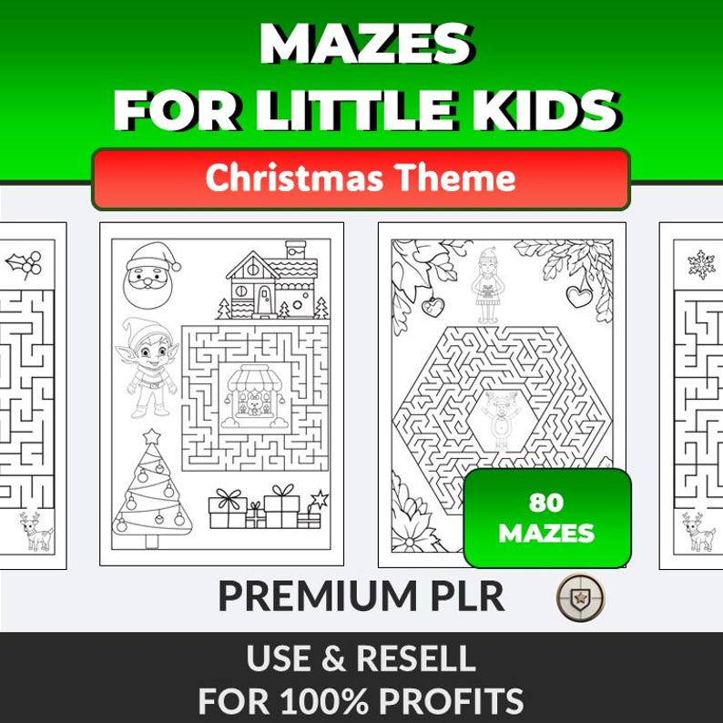May include: A collection of Christmas-themed mazes for children. The cover features the text "MAZES FOR LITTLE KIDS" and "Christmas Theme." The image includes illustrations of Santa, elves, Christmas trees, and gift boxes. The product includes 80 mazes.