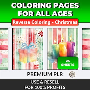 May include: A digital product advertisement for Christmas-themed coloring pages. The image features colorful illustrations of a gift box and lit candles. Text includes "COLORING PAGES FOR ALL AGES" and "Reverse Coloring - Christmas". The product includes 25 sheets.