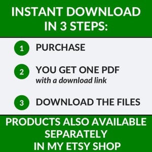 May include: An infographic with a green and white color scheme detailing the instant download process in three steps: purchase, receive a PDF with a download link, and download the files. Additional text indicates products are also available separately in the Etsy shop.