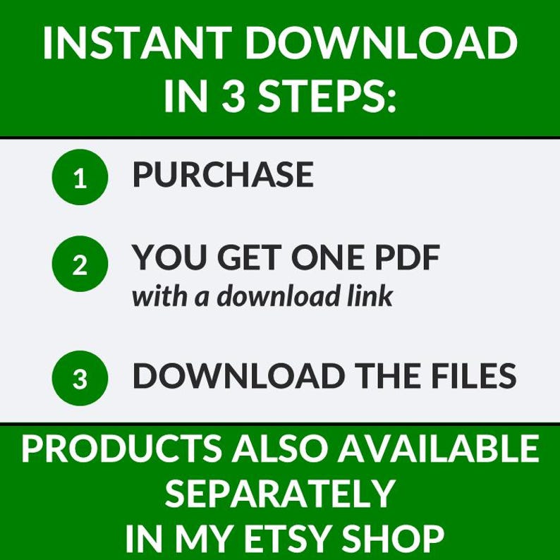 May include: An infographic with a green and white color scheme detailing the instant download process in three steps: purchase, receive a PDF with a download link, and download the files. Additional text indicates products are also available separately in the Etsy shop.